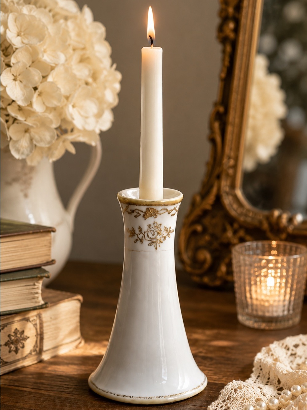 Antique Noritake Nippon Maple Leaf Hand Painted Gold Porcelain Candlestick